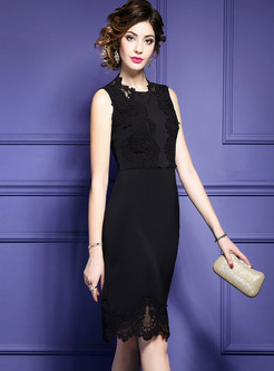 Black Party Sleeveless Lace Embroidered Skater Dress