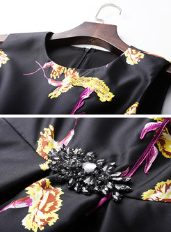 Vintage Flower Print Sleeveless Pleated Dress