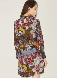 Flower Print Silk Stand Collar Shift Dress