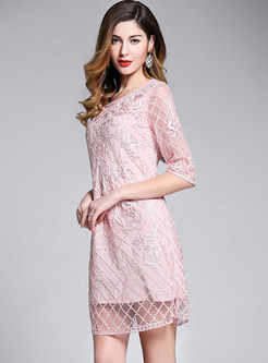 Pink Hollow Out Embroidered Shift Dress