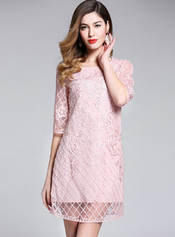 Pink Hollow Out Embroidered Shift Dress