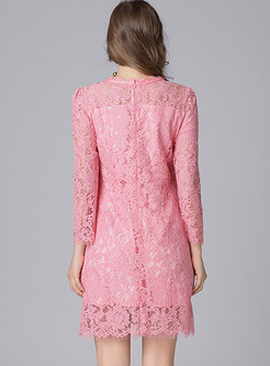 Pink Lace Hollow Out Shift Dress