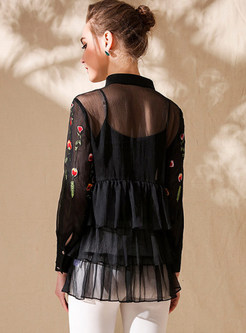 Black Silk Flower Embroidered Blouse