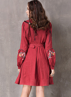 Red Puff Sleeve Stand Collar A-line Dress