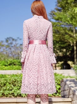 Pink Flare Sleeve Tied Lace A-line Dress