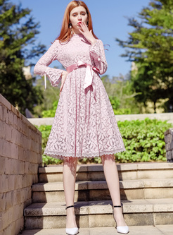 Pink Flare Sleeve Tied Lace A-line Dress