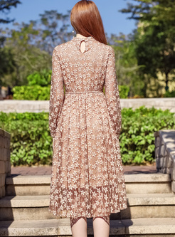 Apricot Elegant Star Pattern Lace A-line Dress