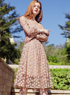 Apricot Elegant Star Pattern Lace A-line Dress