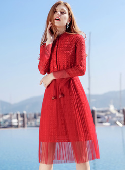 Red Lapel Lace Mesh Patched A-line Dress