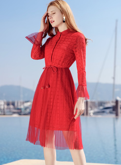 Red Lapel Lace Mesh Patched A-line Dress