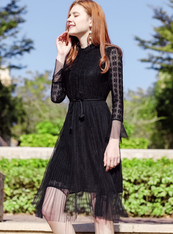Black Lapel Lace Mesh Patched A-line Dress