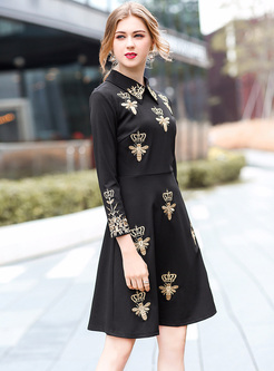 Black Bees Embroidery Lapel Skater Dress