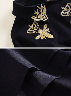 Black Bees Embroidery Lapel Skater Dress