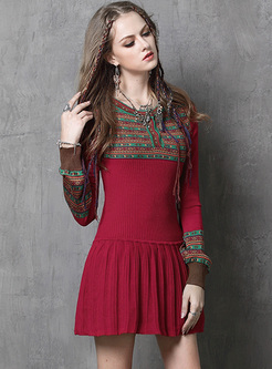 Ethnic Embroidery Slim Knitted Dress