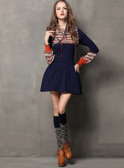 Blue Embroidery Slim Knitted Dress