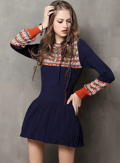 Blue Embroidery Slim Knitted Dress