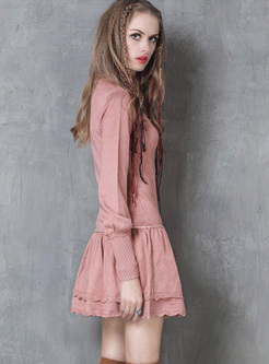 Sweet Pink Lantern Sleeve Knitted Dress