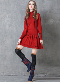 Red High Neck Lantern Sleeve Knitted Dress