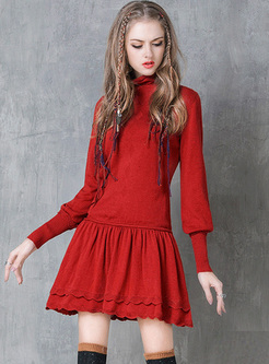 Red High Neck Lantern Sleeve Knitted Dress
