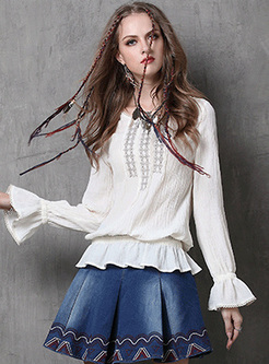 White Embroidered Flare Sleeve Pullover Blouse