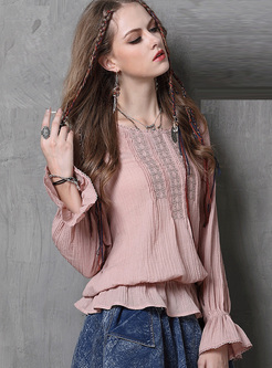 Vintage Embroidery Flare Sleeve Pullover Blouse