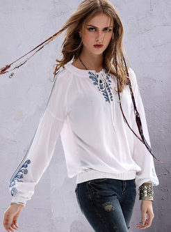 Ethnic Lantern Sleeve Embroidery Tied Blouse