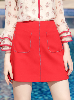 Red Color-blocked Pocket Mini Skirt