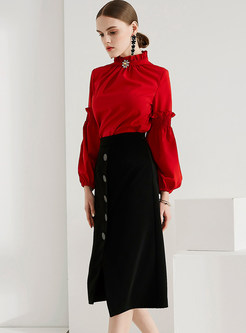 Red Elegant Stand Collar Blouse & Black Slit Asymmetric Skirt