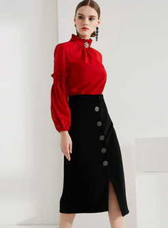 Red Elegant Stand Collar Blouse & Black Slit Asymmetric Skirt