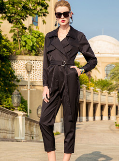 Work Belted Turn Down Collar Jumpsuits