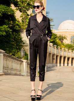 Work Belted Turn Down Collar Jumpsuits