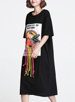 Black Stylish Print Ribbon T-shirt Dress