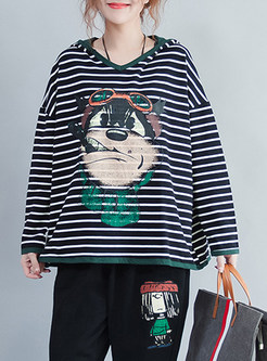 Striped Print Hooded Loose T-shirt