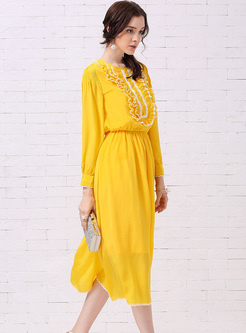 Yellow Elastic Waist Falbala A-line Dress