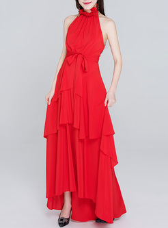 Red Falbala Neck Sleeve Layered Maxi Dress