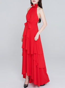 Red Falbala Neck Sleeve Layered Maxi Dress