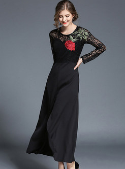 Black Embroidered Lacing Lace Maxi Dress