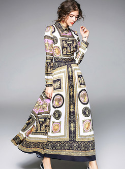 Vintage Print Chiffon Maxi Dress