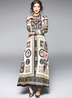 Vintage Print Chiffon Maxi Dress
