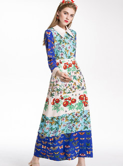 Stylish Floral Print Lapel Maxi Dress