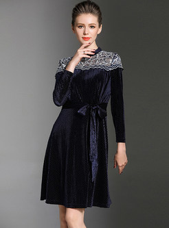 Vintage Velvet Lace Splicing A-line Dress
