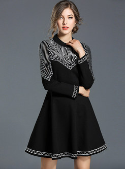 Mesh Splicing Embroidered Long Sleeve A-line Dress