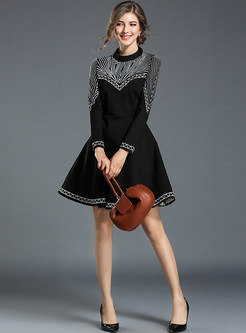 Mesh Splicing Embroidered Long Sleeve A-line Dress