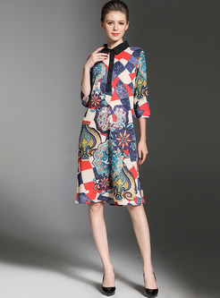 Stylish Print Lapel A-line Dress