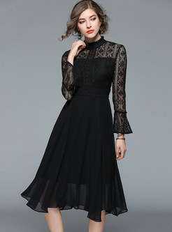 Lace Hollow Out Asymmetric Stand Collar Skater Dress