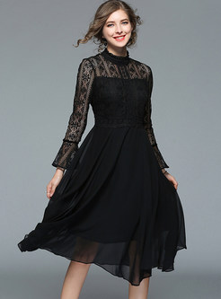 Lace Hollow Out Asymmetric Stand Collar Skater Dress