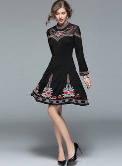 Vintage Embroidered Stitching A-line Dress