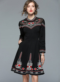 Vintage Embroidered Stitching A-line Dress