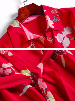 Red Silk Floral Print Lapel Asymmetric Dress