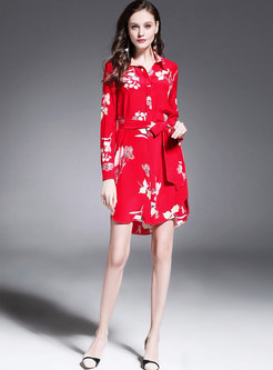 Red Silk Floral Print Lapel Asymmetric Dress